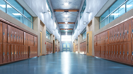 School corridor with exit door. 3d illustration
