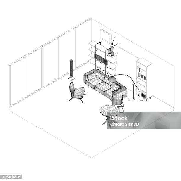 Living Room Interior Wireframe Isometric View 3d Vector Illustration ...