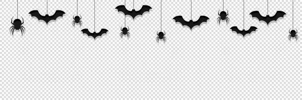 ilustrações, clipart, desenhos animados e ícones de vetor transparente de fundo halloween. pendurado aranha preta, morcego, inseto, padrão outubro ilustração isolada. - bat halloween spider web spooky