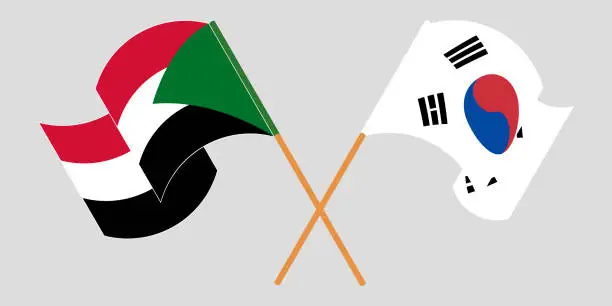 Vector illustration of Crossed and waving flags of Sudan and South Korea