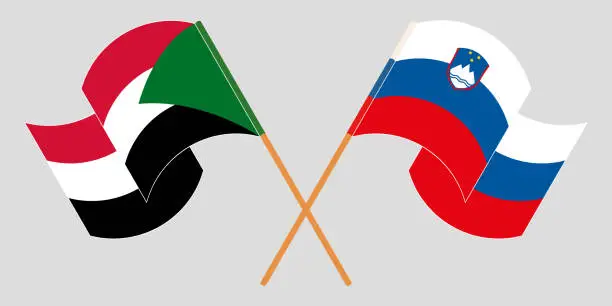 Vector illustration of Crossed and waving flags of Sudan and Slovenia