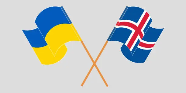 Vector illustration of Crossed and waving flags of the Ukraine and Iceland