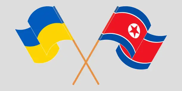 Vector illustration of Crossed and waving flags of the Ukraine and North Korea