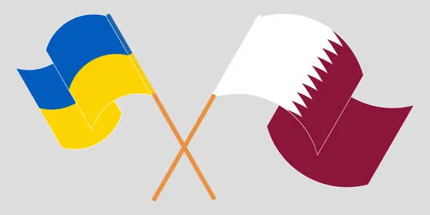 Vector illustration of Crossed and waving flags of Ukraine and Qatar