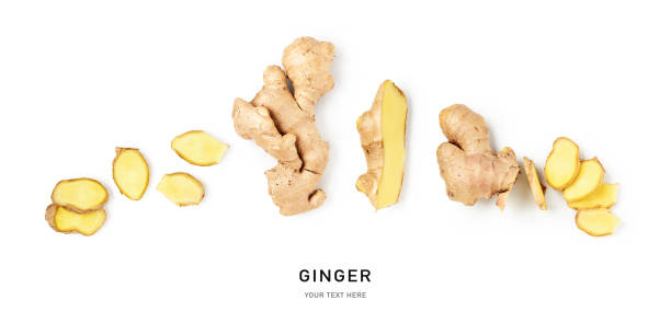 Fresh ginger composition and creative pattern Fresh ginger fruit creative composition and banner isolated on white background. Healthy eating and food concept. Exotic fruits arrangement. Top view, flat lay, design elements ginger spice stock pictures, royalty-free photos & images