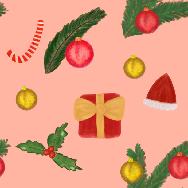 istock Watercolor Christmas decorations, mistletoe, holly, balls, gift box, candy cane, Christmas tree. Christmas and new year seamless pattern on red background. 1269851434