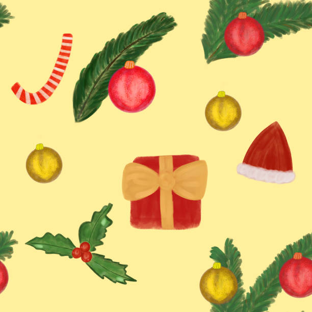 istock Christmas and new year seamless pattern on yellow background. Watercolor Christmas decorations, mistletoe, holly, balls, gift box, candy cane, Christmas tree 1269851791