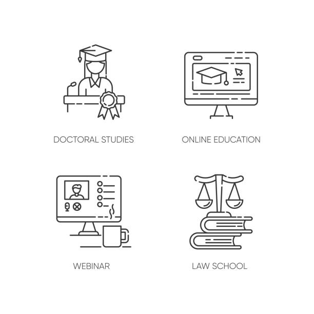 ilustrações, clipart, desenhos animados e ícones de modernos ícones lineares de pixel de ensino superior perfeitos definidos - law school