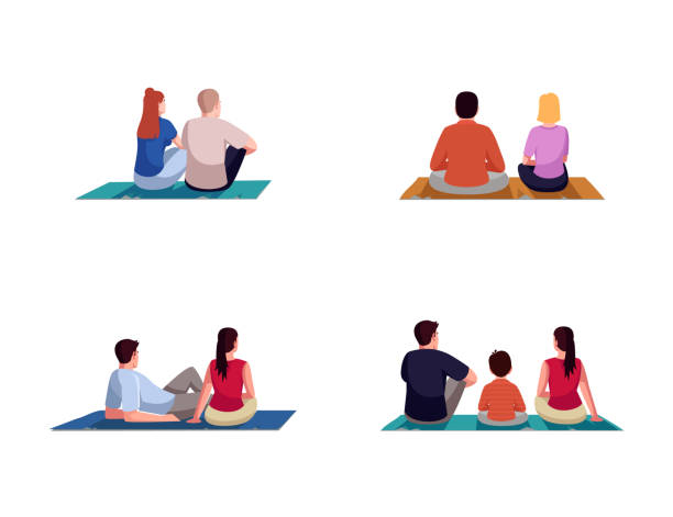 Weekend lounge semi flat RGB color vector illustration set Weekend lounge semi flat RGB color vector illustration set. Couple on picnic date. Family bonding and resting together. People on blanket isolated cartoon characters on white background collection movie-theater-exterior stock illustrations