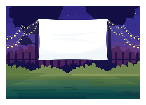 Festive outdoor cinema screen semi flat vector illustration. Open air decorated place with lanterns. Film premiere outside. Public park. Outdoors movie night 2D cartoon scene for commercial use