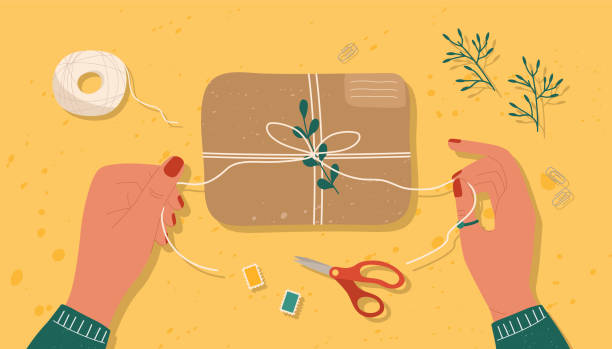 illustrations, cliparts, dessins animés et icônes de mains attachant une boîte ou un paquet brun avec la corde - wrapped package string box