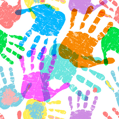 Prints of multicolored hands, gruny seamless pattern with paint splashes, vector illustration