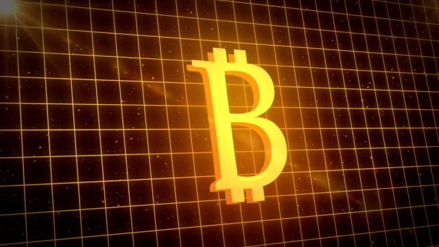 Golden bitcoin symbol over yellow grid against space