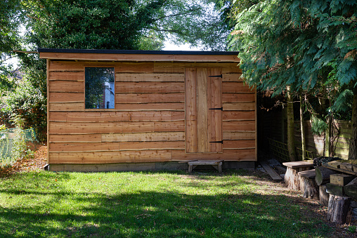Rustic waney edge wooden garden shed surrounded by mature green trees.
