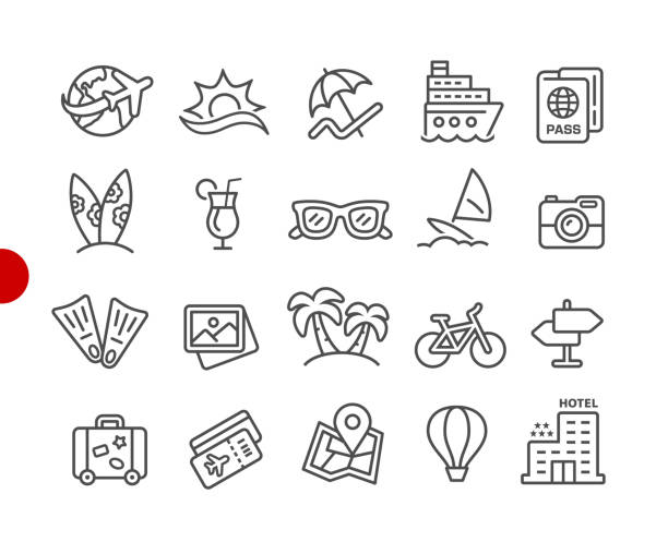 ilustrações de stock, clip art, desenhos animados e ícones de summer vacations icons // red point series - summer resort id card sign paperwork