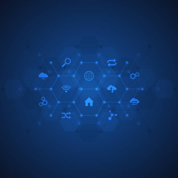 istock Technology background with flat icons and symbols. Concept and idea for internet of things, communication, network, innovation technology, system integration. Vector illustration. 1269860210