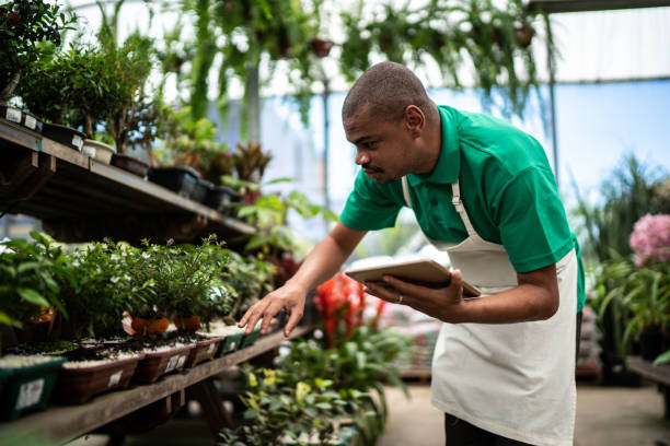 istock Employee checking plants in a garden center, using digital tablet 1269860266