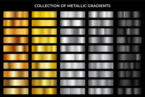 Vector illustration of Gold, bronze, silver and black texture gradation background set. Vector metallic gradients.