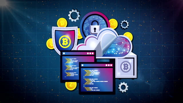 Bitcoin, cloud and digital screen icons against blue background