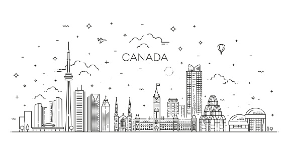Linear vector cityscape with famous landmarks, city sights, design icons. Landscape