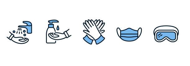 ilustrações de stock, clip art, desenhos animados e ícones de individual protective equipment flat line icon set blue color. sanitizer, hand hygiene, gloves, goggles, medical mask - self lov