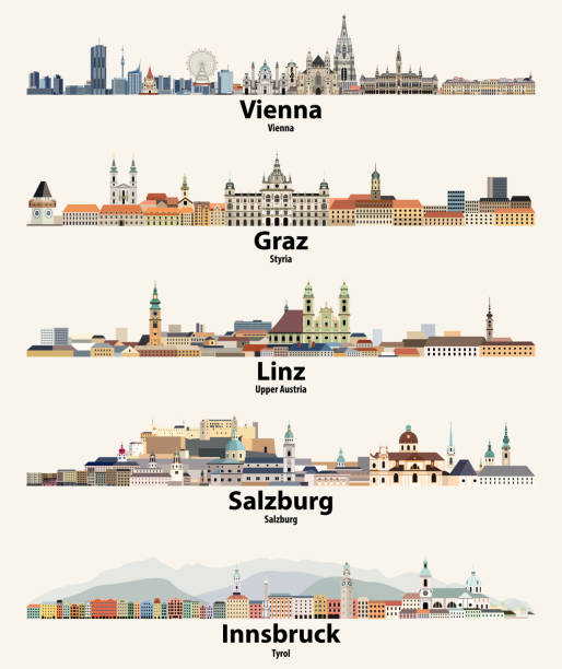 österreich städte skylines vektor-illustrationen gesetzt - linz austria upper austria roof stock-grafiken, -clipart, -cartoons und -symbole