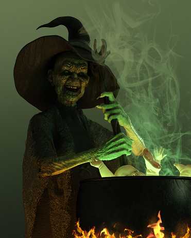 High resolution digital image of a witch boiling a baby in a cauldron. Minimalist composition is designed to accommodate text in the upper right quadrant, and just below the lip of the cauldron. With is hideous, and cackling with glee as she stirs the cauldron. She is dressed in a typical Halloween witch outfit. Some small flames are seen licking up the sides of the cauldron. Steam is rising from the cauldron, the contents of which are glowing brightly green.