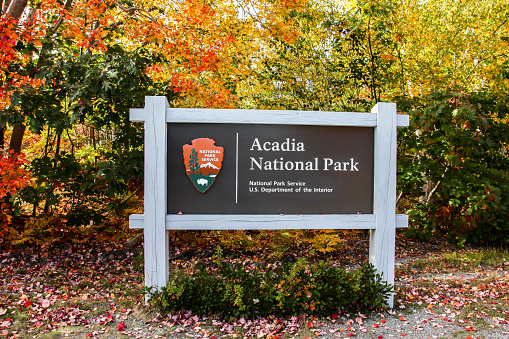 Bar Harbor, Maine, USA-October12, 2016:  Acadia National Park sign with afternoon lights during the Autumn season with colored leaves.