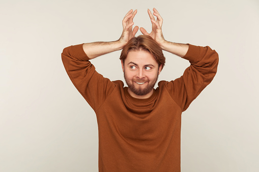 I am deer! Portrait of funny childish bearded man in sweatshirt showing antler horns over head and biting teeth, looking with comical humorous expression. studio shot isolated on gray background