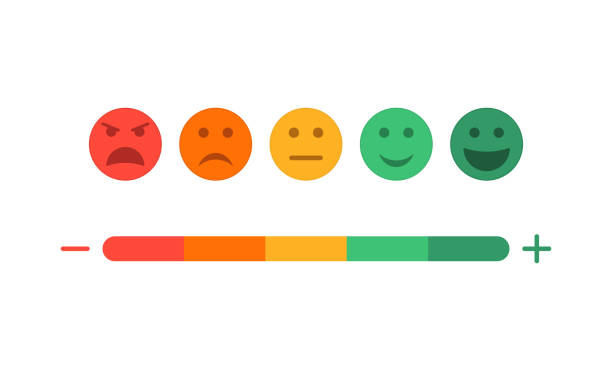 ilustrações de stock, clip art, desenhos animados e ícones de feedback and level of satisfaction of customer. survey with emoji on scale. face icons with different mood. sad and happy experience. negative or positive emoticons of evaluation from users. vector - computer keyboard computer sadness emoticon