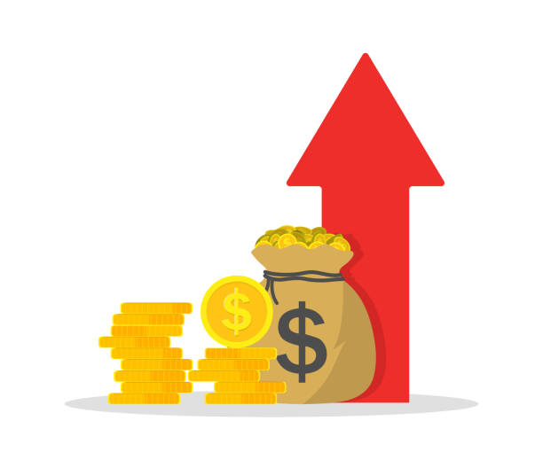 ikone des geldeinkommens. erhöhen sie die finanziellen einnahmen. wachstum von budget oder gewinn. return zinsen von verdienen. hoher pfeil für mehr kapital der gesellschaft. investitionen in das geschäft für multiplizierenden gewinn. vektor - multiplizieren grafiken stock-grafiken, -clipart, -cartoons und -symbole