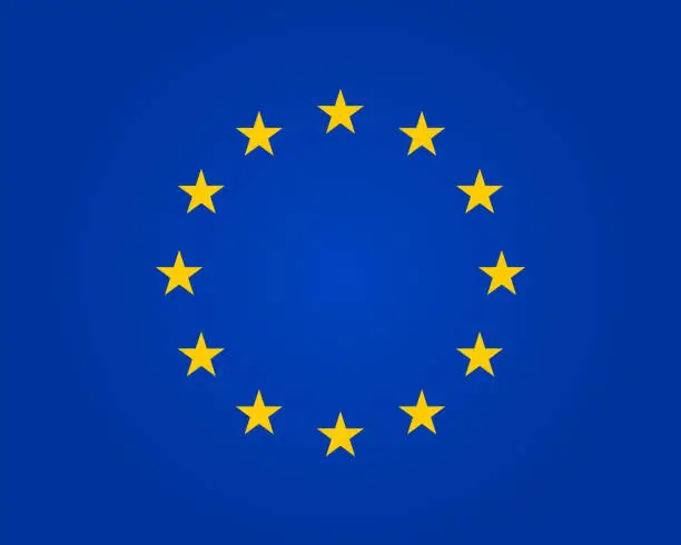 Vector illustration of Flag eu. European union. Symbol of europe. Stars in round. Circle icon for schengen. Euro ring of community. Sign of parliament, standards and council of europa. Blue banner with yellow stars. Vector