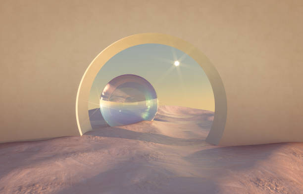 istock Abstract winter scene with geometrical forms, arch with a podium in natural light. surreal background. 1269870265