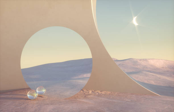istock Abstract winter scene with geometrical forms, arch with a podium in natural light. surreal background. 1269870268