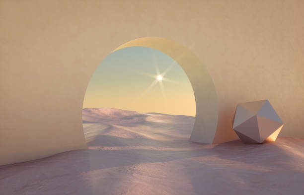 istock Abstract winter scene with geometrical forms, arch with a podium in natural light. surreal background. 1269870283