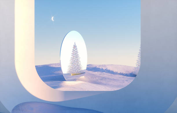 istock Abstract winter scene with geometrical forms, arch with a podium in natural light. surreal background. 1269870312