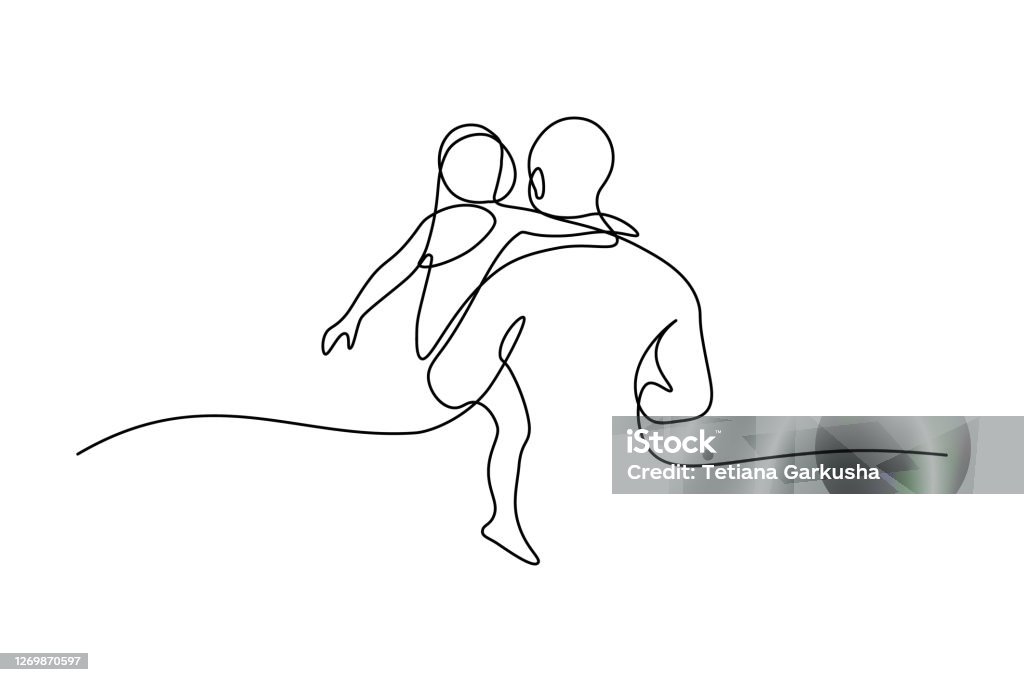 Father with daughter Father with daughter in continuous line art drawing style. Back view of strong dad holding his little female child black linear sketch isolated on white background. Vector illustration Father's Day stock vector