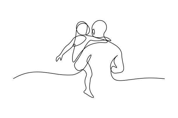 Father with daughter Father with daughter in continuous line art drawing style. Back view of strong dad holding his little female child black linear sketch isolated on white background. Vector illustration father stock illustrations