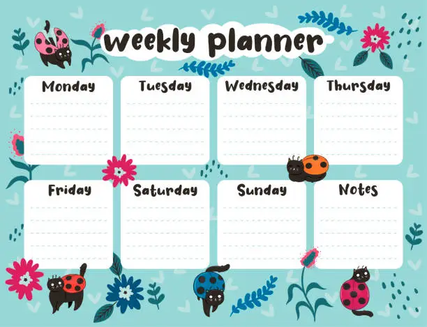 Vector illustration of Weekly planner with ladybug cats. Vector graphics.