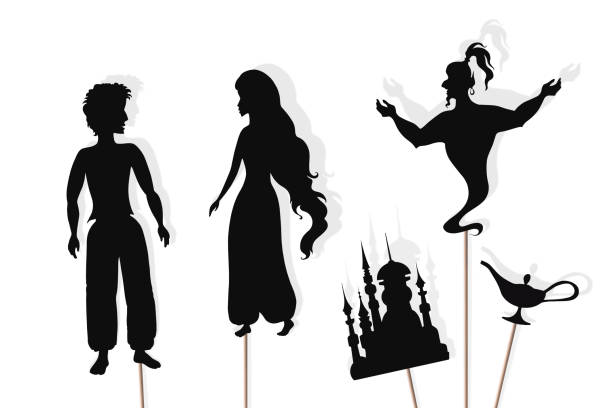 ilustrações de stock, clip art, desenhos animados e ícones de aladdin storytelling, isolated shadow puppets. - arabian nights