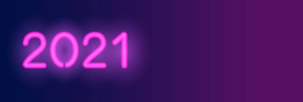 istock 2021 neon long vector banner. Violet neon numbers on a dark background. Holiday header for social media 1269875398