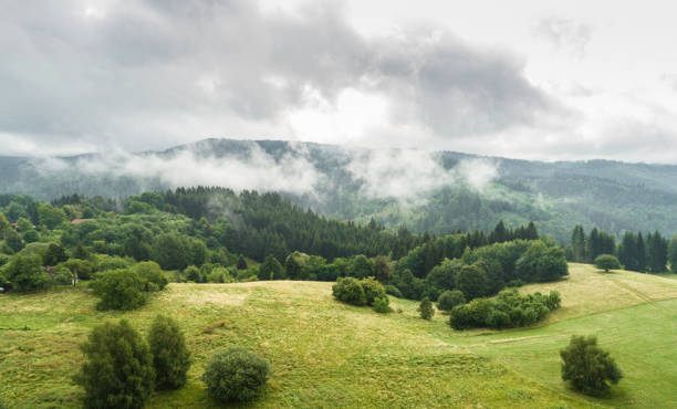 aerial view of farmland in hilly in detva region, slovakia - storm summer forest cloudscape imagens e fotografias de stock