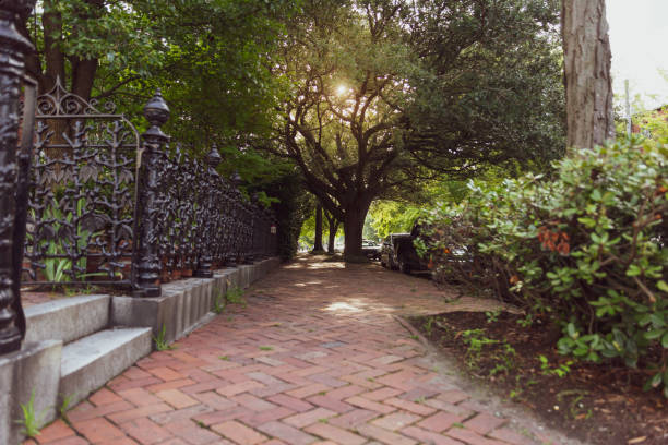 istock Morning walk in Freemason District (historical neighborhood) brick sidewalk decorative wrought iron gates 1269878382