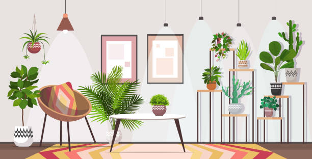 modernes wohnzimmer innenwohnung mit zimmerpflanzen - living room stock-grafiken, -clipart, -cartoons und -symbole