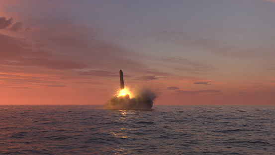 Ballistic missile launch from underwater at sunset 3d illustration
