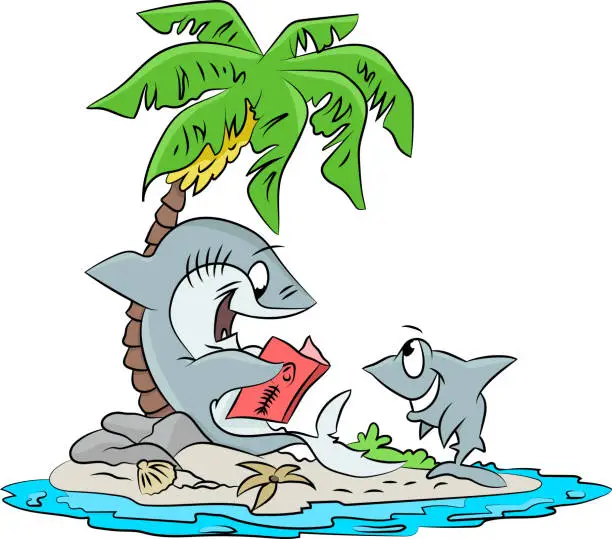 Vector illustration of Cartoon shark reading a book to his son vector illustration