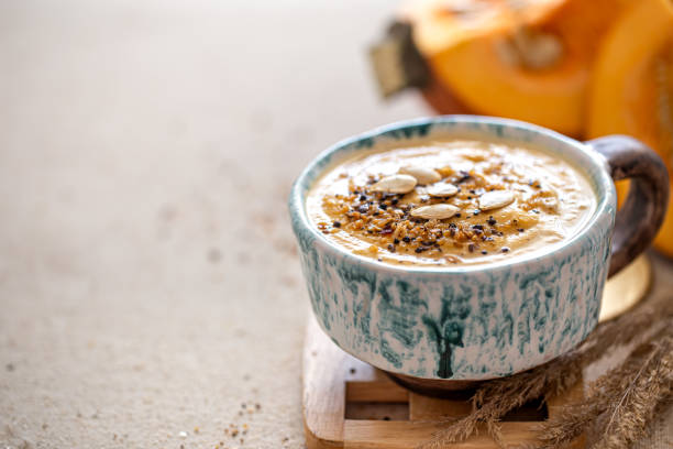 istock Delicious composition with pumpkin soup, top view. 1269886143