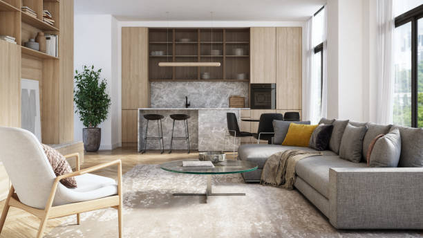 istock Modern luxury living room interior with kitchen - 3d render 1269886220