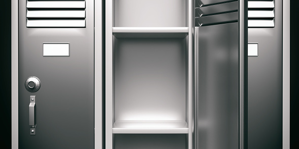 School, gym locker empty open door. Student storage cabinet, gray silver color with combination lock and blank white tag. 3d illustration