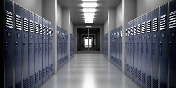 lobby del liceo con armadietti di colore blu, vista prospettica. palestra fitness, corridoio del club sportivo. illustrazione 3d - gym locker foto e immagini stock